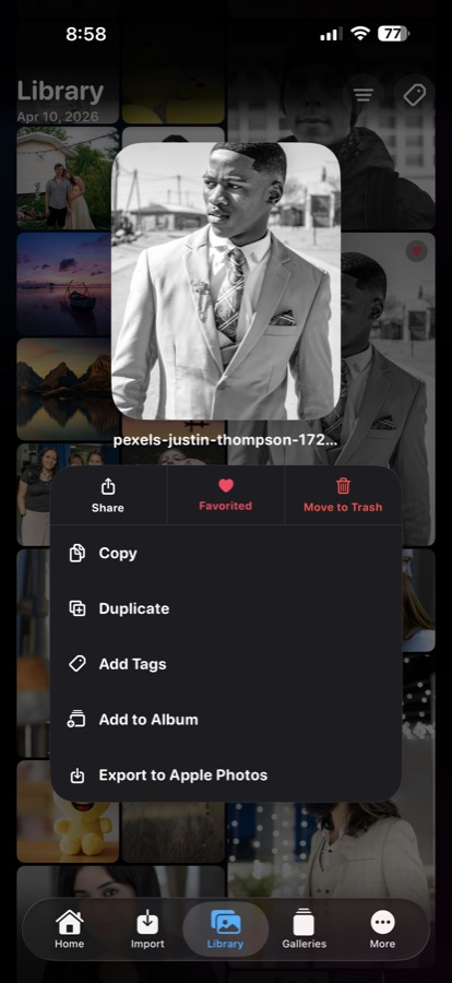 Glint gallery action menu