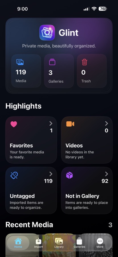 Glint home overview screen